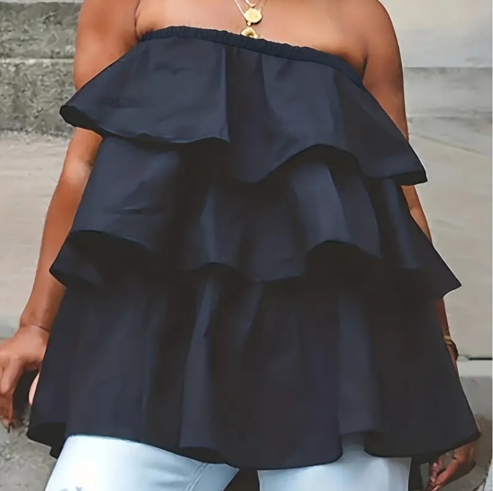 Black strapless ruffle top